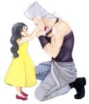  black_hair boots brother_and_sister child closed_eyes dress earrings grey_hair hand_kiss jean_pierre_polnareff jewelry jojo_no_kimyou_na_bouken kiss kneeling no_eyebrows rin_co sherry_polnareff siblings smile yellow_dress younger 