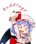  &gt;_&lt; 1girl arm_up bat_wings blue_hair bow byourou chibi closed_eyes fang hat open_mouth pudding remilia_scarlet ribbon short_hair smile solo spoon touhou wings 
