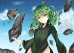  1girl :&lt; artist_request black_dress blue_skirt curly_hair dress floating_rocks green_eyes green_hair onepunch_man petite short_hair skirt small_breasts solo some_soul tatsumaki 