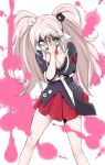  1girl bear_hair_ornament blonde_hair blue_eyes breasts cleavage covering_face dangan_ronpa dangan_ronpa_1 enoshima_junko hair_ornament hairclip highres large_breasts libre long_hair necktie skindentation smile solo spoilers tongue tongue_out 