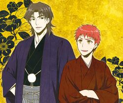  2boys brown_eyes brown_hair emiya_shirou fate/stay_night fate_(series) japanese_clothes kimono kotomine_kirei multiple_boys redhead tsurumura_ichiru 