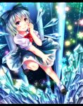  1girl ankle_socks blue_dress blue_eyes blue_hair blush cirno crystal dress fingernails folded_leg gradient gradient_background grin hair_ribbon hand_on_own_face highres kuyuru_(vocalo520) letterboxed looking_at_viewer ribbon sharp_fingernails short_hair short_sleeves smile snowflakes solo sparkle touhou wings 