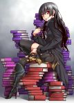  1girl black_hair black_legwear book boots coat dog earrings from_side highres hime_cut inu_to_hasami_wa_tsukaiyou jewelry long_hair looking_at_viewer natsuno_kirihime petting red_eyes scissors sitting smile thigh-highs uousa 