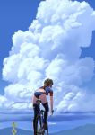  1girl ass back bicycle bike_jersey bikini_bottom brown_hair clouds dimples_of_venus fingerless_gloves gloves helmet highres hitomi_kazuya long_hair original ponytail sign sky solo thigh-highs 