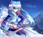  1girl 2016 character_name gloves hat hatsune_miku highres long_hair skiing skirt smile snowflakes solo thigh-highs twintails vocaloid yuki_miku 