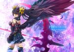  1girl bare_shoulders black_hair black_legwear black_wings character_name copyright_name feathered_wings feathers flower gauntlets hair_flower hair_ornament long_hair looking_back persephone_(p&amp;d) puzzle_&amp;_dragons rocknroll skirt solo thigh-highs twintails violet_eyes weapon wings zettai_ryouiki 