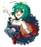  1girl adapted_costume alternate_costume antennae belt blue_legwear bow cape chibi full_body green_eyes green_hair kuronohana long_sleeves looking_at_viewer mary_janes open_mouth shoes short_hair shorts simple_background smile solo thigh-highs touhou white_background wriggle_nightbug zettai_ryouiki 