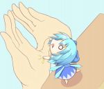  1girl barefoot blue_bow blue_dress blue_hair bow chibi cirno commentary_request dress hair_bow high_five minigirl o_o open_mouth short_hair solo touhou wings 