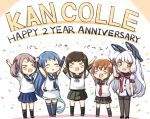  &gt;_&lt; 5girls :d ^_^ anniversary black_legwear blue_hair bow brown_hair closed_eyes commentary_request engiyoshi english folded_ponytail fubuki_(kantai_collection) gloves hair_bobbles hair_bow hair_ornament hair_ribbon headgear inazuma_(kantai_collection) kantai_collection long_hair multiple_girls murakumo_(kantai_collection) necktie open_mouth orange_eyes pan-pa-ka-paaan! pantyhose pleated_skirt remodel_(kantai_collection) revision ribbon salute samidare_(kantai_collection) sazanami_(kantai_collection) school_uniform serafuku skirt smile thigh-highs tress_ribbon twintails very_long_hair white_hair xd zettai_ryouiki 