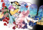  2girls barefoot boots brown_legwear closed_eyes eyeball floral_print flower frills gradient gradient_background green_eyes green_hair hat hat_ribbon heart heart-shaped_pupils heart_of_string komeiji_koishi komeiji_satori kuronohana long_sleeves multiple_girls purple_hair ribbon rose shirt short_hair skirt smile stained_glass string symbol-shaped_pupils third_eye thorns touhou white_legwear wide_sleeves window 