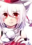  1girl animal_ears bare_shoulders blush close-up detached_sleeves frown hair_between_eyes hat highres inubashiri_momiji looking_at_viewer pom_pom_(clothes) portrait red_eyes short_hair silver_hair simple_background sketch solo tokin_hat toufukin touhou white_background wolf_ears 