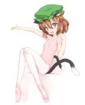  animal_ears ballet_slippers brown_eyes brown_hair cat_ears chen earrings fang hashimoto_w.s. hat jewelry knees_together_feet_apart leotard multiple_tails open_mouth outstretched_arm pantyhose short_hair sitting smile tail touhou 