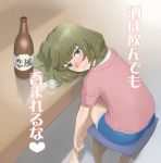  1girl alcohol blue_eyes blush bottle brown_hair drunk green_eyes head_rest heterochromia idolmaster idolmaster_cinderella_girls looking_at_viewer short_hair sitting smile solo table takagaki_kaede translation_request wata_do_chinkuru 