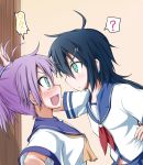  2girls ? aoba_(kantai_collection) black_hair blush commentary_request face-to-face hair_ornament hairclip kako_(kantai_collection) kantai_collection kirino_souya multiple_girls neckerchief open_mouth ponytail purple_hair school_uniform scrunchie serafuku spoken_question_mark sweat upper_body wall_slam wavy_mouth 