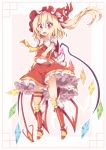  1girl ascot blonde_hair fang flandre_scarlet hat hat_ribbon kan_lee laevatein mob_cap open_mouth puffy_short_sleeves puffy_sleeves red_eyes ribbon sash shirt short_sleeves side_ponytail skirt skirt_set smile solo touhou vest wings 