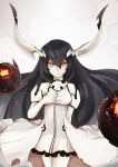  1girl anchorage_water_oni bare_shoulders black_hair coolnova cowboy_shot dress fire frilled_dress frills hand_on_own_chest highres honeycomb_background horns kantai_collection long_hair looking_at_viewer orange_eyes overskirt shinkaisei-kan solo very_long_hair white_dress white_skin 