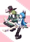  1boy 1girl antennae blue_eyes blue_hair cane chin_rest dress formal gloves green_hair happinesscharge_precure! hat highres long_hair looking_at_viewer namakeruda open_mouth precure shirayuki_hime sitting top_hat yuuzii 