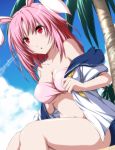  1girl animal_ears bikini blue_sky breasts cleavage clouds collarbone highres large_breasts nori_tamago off_shoulder original palm_tree pink_bikini pink_hair rabbit_ears red_eyes school_uniform serafuku sitting sky solo swimsuit swimsuit_under_clothes tree undressing 