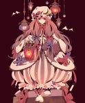  1girl bat book bookmark bow crescent dress hair_bow hat hat_bow holding holding_book lantern long_hair maroon_background mob_cap patchouli_knowledge shoes simple_background solo stairs touhou very_long_hair yu_(yzko) 