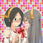  2girls bare_shoulders blue_eyes blush brown_eyes detached_sleeves giving green-framed_glasses grey_hair hair_ornament hairband hairclip haruna_(kantai_collection) headgear ichiman_nisen_yen kantai_collection kirishima_(kantai_collection) long_hair looking_at_another multiple_girls nontraditional_miko short_hair wavy_mouth 