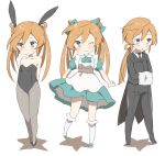  3girls abukuma_(kantai_collection) alternate_costume alternate_hairstyle animal_ears apron arms_behind_back bare_shoulders blue_dress blue_eyes bunnysuit butler dress hair_bun hair_ribbon hair_rings highres kantai_collection multiple_girls necktie one_eye_closed orange_hair pants ponytail puffy_short_sleeves puffy_sleeves rabbit_ears ribbon short_sleeves simple_background twintails white_background white_legwear yakusou_(loiiiii) 