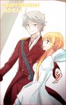  1boy 1girl aldnoah.zero asseylum_vers_allusia blonde_hair blue_eyes dress grey_hair military military_uniform naguy_(nagui) silver_hair slaine_troyard uniform 