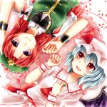  2girls ascot bat_wings blue_eyes blue_hair braid brooch doily fangs fingernails hair_ribbon hand_on_own_chest hat hat_ribbon hong_meiling jewelry kuyuru_(vocalo520) long_hair looking_at_viewer mob_cap multiple_girls open_mouth petals red_eyes redhead remilia_scarlet ribbon sash sharp_fingernails short_hair short_sleeves skirt skirt_set smile star touhou tress_ribbon twin_braids upside-down vest wings wrist_cuffs 