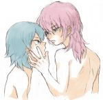  2boys aqua_hair hair_down inazuma_eleven_(series) inazuma_eleven_go kariya_masaki kirino_ranmaru long_hair lowres male_focus multiple_boys pink_hair riho shirtless upper_body white_background 