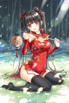  1girl black_hair black_legwear blush breasts china_dress chinese_clothes cleavage detached_sleeves hair_ornament lantern large_breasts long_hair looking_at_viewer open_mouth original paper_lantern red_eyes sitting smile solo sousouman twintails very_long_hair 