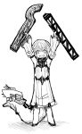  1girl arms_up detached_sleeves facing_viewer gomasionori holding kantai_collection monochrome oversized_clothes re-class_battleship runway seaport_hime_(cosplay) short_hair simple_background smile solo support tail teeth white_background white_hair 