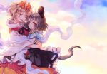  2girls amber_eyes animal_ears blonde_hair capelet clouds cloudy_sky dress grey_dress grey_hair hair_ornament hug long_sleeves mouse_ears mouse_tail multicolored_hair multiple_girls nazrin open_mouth red_eyes shawl shirt sky smile streaked_hair tail tiger_print tomobe_kinuko toramaru_shou touhou wide_sleeves yuri 