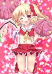  1girl arm_up blonde_hair bow cheerleader fang flandre_scarlet hair_bow jumping midriff neckerchief one_eye_closed open_mouth pink_background pom_poms red_eyes rika-tan_(rikatantan) shirt side_ponytail skirt skirt_set smile solo star touhou wings 