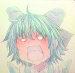  1girl acrylic_paint_(medium) ahoge blue_hair bow cirno fang graphite_(medium) hair_bow ice ice_wings no_pupils open_mouth portrait short_hair shouting solo touhou traditional_media watercolor_(medium) wings yuyu_(00365676) 