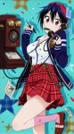  1girl absurdres blazer blue_hair bow breasts casual cleavage fountain_pen hair_bow hat highres long_sleeves mole mole_under_eye mouth_hold nisekoi notepad official_art pen plaid plaid_skirt red_eyes rotary_phone scan skirt socks suspenders tsugumi_seishirou 
