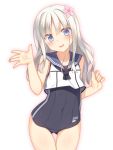  1girl blue_eyes blush highres kantai_collection long_hair looking_at_viewer one-piece_swimsuit open_mouth racer_(magnet) ro-500_(kantai_collection) sailor_collar silver_hair simple_background sleeveless solo swimsuit swimsuit_under_clothes thigh_gap waving 