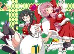  2girls akashi_(kantai_collection) bag black_hair blue_eyes blush christmas commentary_request glasses green_eyes hair_ribbon hairband hanchou_(shirokun555) hat kantai_collection long_hair looking_at_viewer multiple_girls ooyodo_(kantai_collection) open_mouth pink_hair ribbon santa_costume santa_hat skirt smile thigh-highs tress_ribbon twintails 