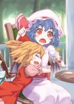  2girls balcony bat_wings blonde_hair blue_hair blurry blush chair closed_eyes cup depth_of_field fang flandre_scarlet hat hat_ribbon hug kntc mob_cap multiple_girls no_hat open_mouth pillar red_eyes remilia_scarlet ribbon saucer short_hair short_sleeves siblings side_ponytail sisters sitting skirt skirt_set surprised table teacup teaspoon touhou tree wings wrist_cuffs 