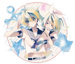  &gt;_&lt; 1boy 1girl anchor belt blonde_hair blue_eyes blush brother_and_sister hair_ornament hair_ribbon hairclip highres kagamine_len kagamine_rin midriff navel ponytail ribbon sailor_collar short_hair siblings snowfall0617 twins vocaloid 