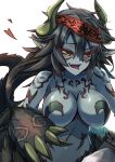  1girl animal_ears black_hair breasts claws eyepatch eyepatch_removed fur grey_skin heart highres horns large_breasts messy_hair monster_girl monster_girl_encyclopedia paws rocknroll sharp_teeth solo tail tongue tongue_out ushi-oni yellow_eyes 