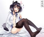  1girl absurdres animal_ears artist_name black_hair black_legwear blush brown_eyes dated dog_ears dog_tail dressing gradient_hair headgear highres kantai_collection kentia looking_at_viewer multicolored_hair no_shoes open_clothes open_mouth sailor_collar seamed_legwear shirt short_hair short_hair_with_long_locks side-seamed_legwear small_breasts solo tail thigh-highs tied_shirt tokitsukaze_(kantai_collection) wavy_mouth 