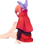  1girl akagashi_hagane barefoot cape covering_mouth hair_ornament hair_ribbon long_sleeves looking_at_viewer profile red_eyes redhead ribbon sekibanki shirt short_hair simple_background sitting skirt solo touhou white_background 