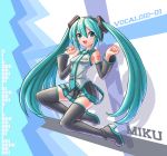  1girl aqua_eyes aqua_hair boots character_name copyright_name detached_sleeves hatsune_miku headphones high_heels highres long_hair necktie open_mouth ranken skirt solo tattoo thigh-highs thigh_boots twintails very_long_hair vocaloid 