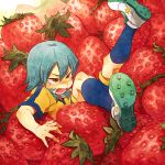  1boy aqua_hair blush food fruit inazuma_eleven_(series) inazuma_eleven_go kariya_masaki kirino_ranmaru male_focus open_mouth oversized_object raimon raimon_soccer_uniform riho soccer_uniform solo sportswear strawberry 