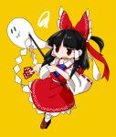  1girl ascot black_hair bow byourou chibi detached_sleeves food gohei hair_bow hair_tubes hakurei_reimu legacy_of_lunatic_kingdom long_hair mochi open_mouth red_eyes ribbon solo touhou wagashi 