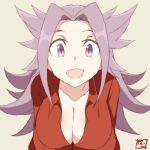  1girl :d bent_over breasts cleavage collarbone collared_shirt hair_intakes jun&#039;you_(kantai_collection) kantai_collection large_breasts long_hair looking_at_viewer open_mouth purple_hair red_shirt shirt simple_background smile solo souji spiky_hair violet_eyes 