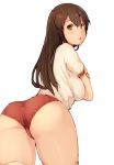  1girl akagi_(kantai_collection) blush breasts brown_eyes brown_hair buruma kagari_(kgr_000) kantai_collection large_breasts long_hair looking_at_viewer looking_back open_mouth solo thigh-highs 