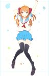  1girl ahoge alternate_costume arms_up black_legwear bow clenched_hand gekkan_shoujo_nozaki-kun hair_bow knees_together_feet_apart long_hair looking_at_viewer lp_(hamasa00) neckerchief orange_hair polka_dot polka_dot_bow sakura_chiyo school_uniform serafuku short_sleeves solo thigh-highs violet_eyes zettai_ryouiki 