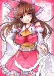  1girl :d bow breasts brown_hair detached_sleeves gohei hair_bow hair_tubes hakurei_reimu highres large_breasts long_hair looking_at_viewer mii@chiffonx open_mouth pink_eyes sample smile solo touhou traditional_media 