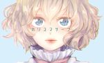  1girl alice_margatroid blonde_hair blue_background blue_eyes face lips looking_at_viewer meiji_(charisma_serve) parted_lips pink_lips reflective_eyes sample short_hair solo touhou translation_request 
