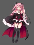  1girl bare_shoulders black_legwear boots choker detached_sleeves grey_background highres krul_tepes long_hair owari_no_seraph pink_hair pointy_ears red_eyes ribbon simple_background solo thigh-highs thigh_boots 